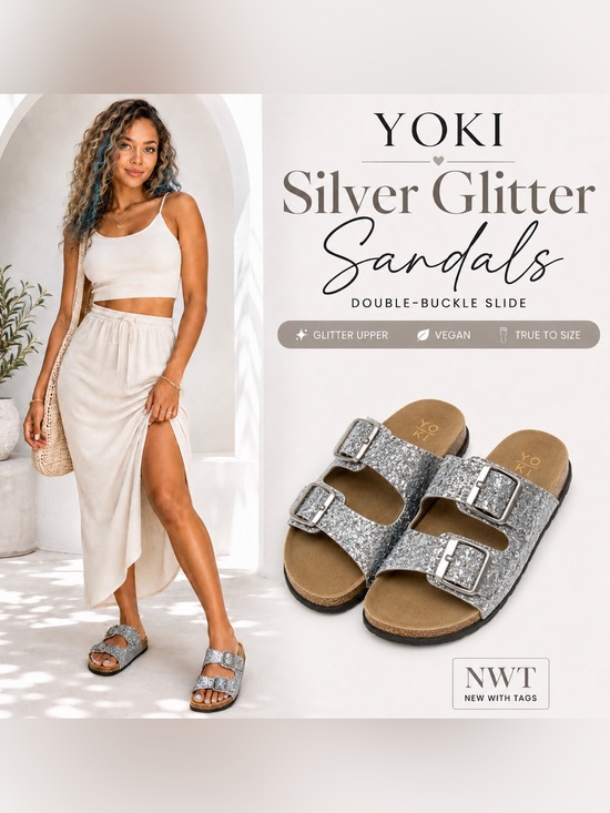 Yoki Shoes - STROLL SEQUIN DOUBLE BUCKLE FLATS SLIDE SANDALS SILVER NWT!